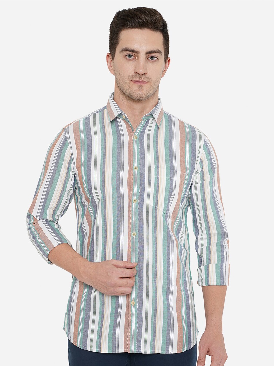 

JADE BLUE Men Off White Classic Slim Fit Striped Cotton Casual Shirt