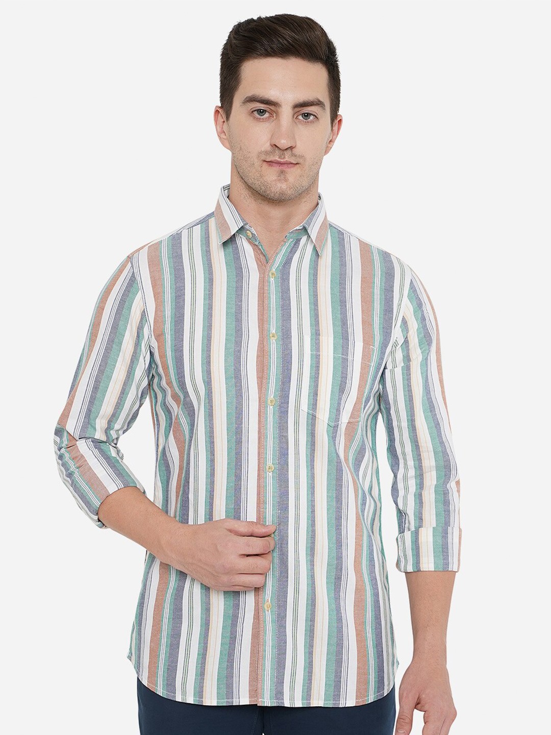

JADE BLUE Men Off White Classic Slim Fit Striped Cotton Casual Shirt