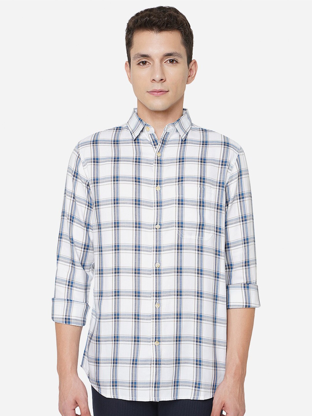 

JADE BLUE Men White Classic Slim Fit Checked Cotton Casual Shirt