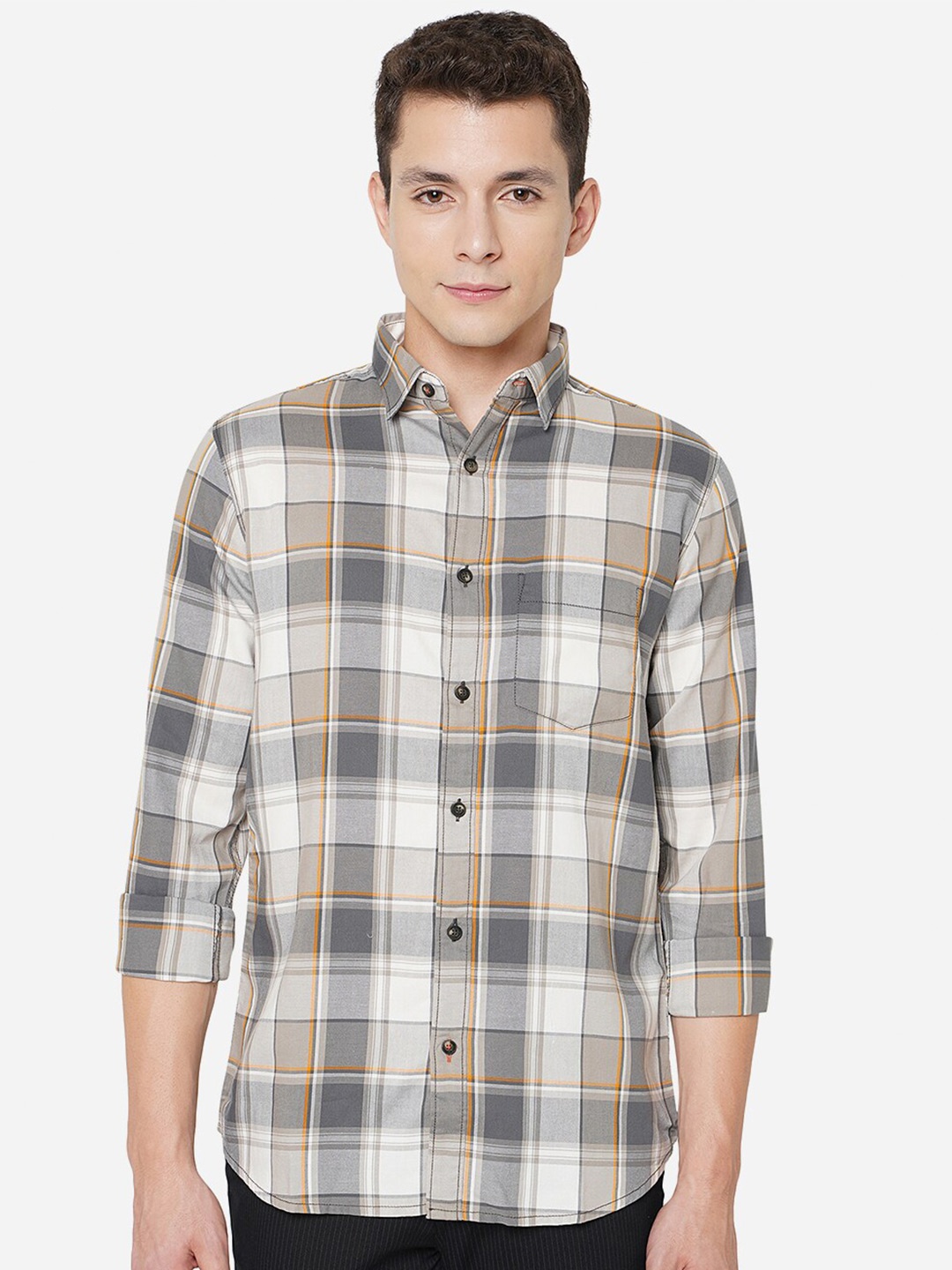 

JADE BLUE Men Grey Classic Slim Fit Checked Cotton Casual Shirt