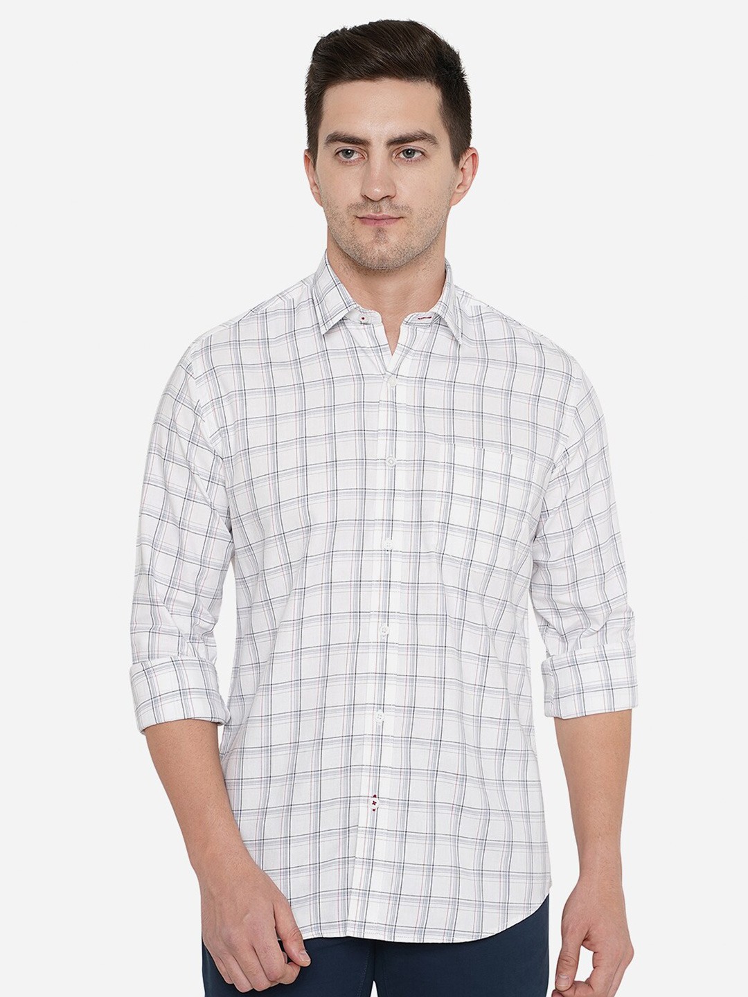 

JADE BLUE Men White Classic Slim Fit Checked Cotton Casual Shirt
