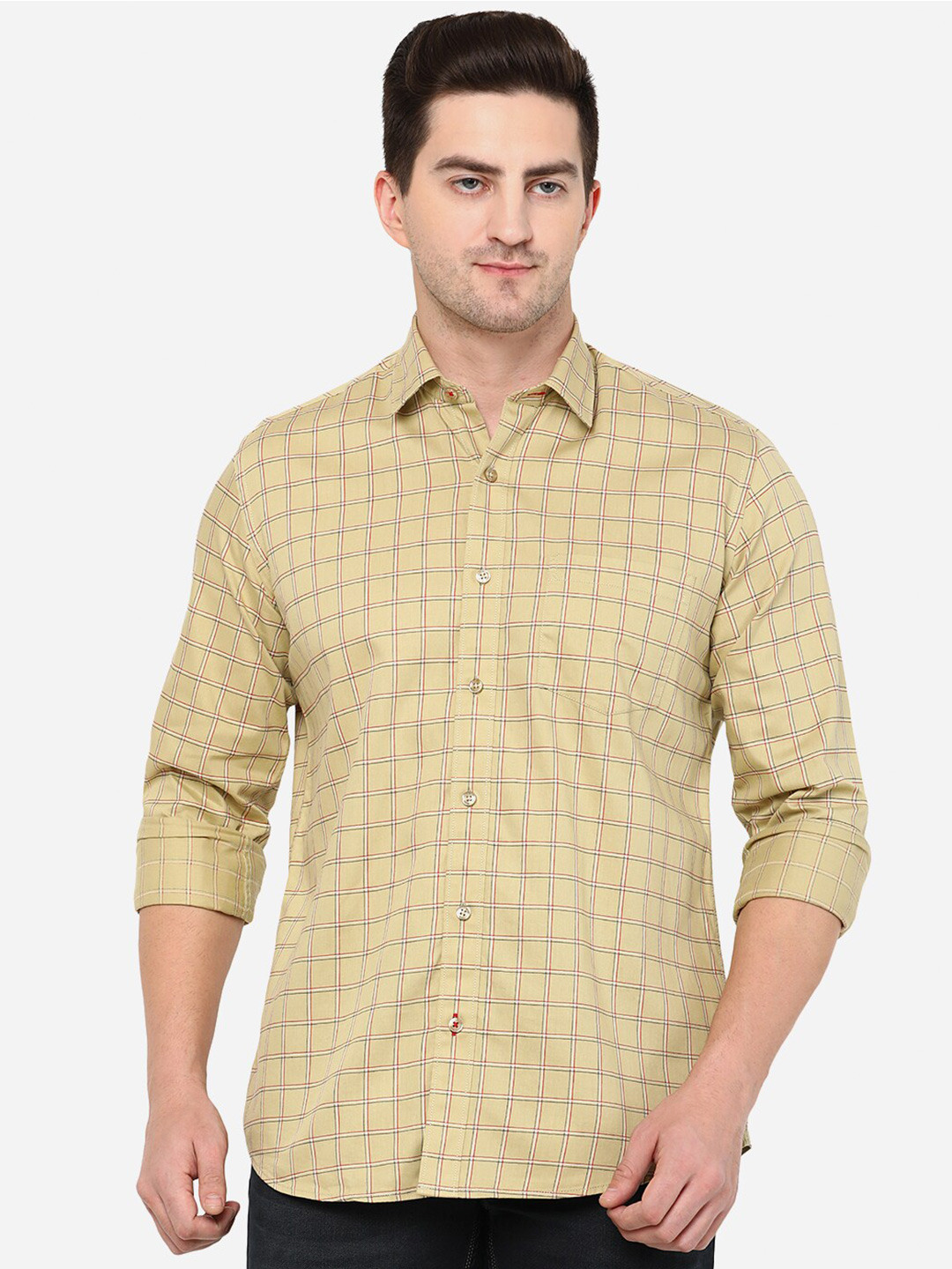 

JADE BLUE Men Classic Slim Fit Checked Cotton Casual Shirt, Yellow