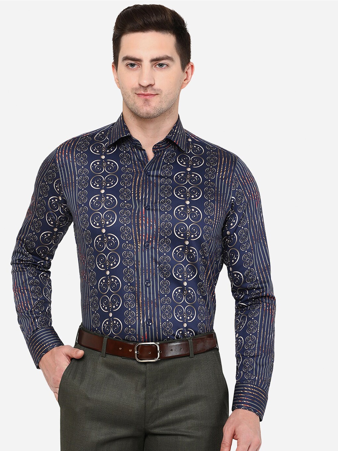 

JB STUDIO Men Blue Cotton Classic Slim Fit Printed Formal Shirt