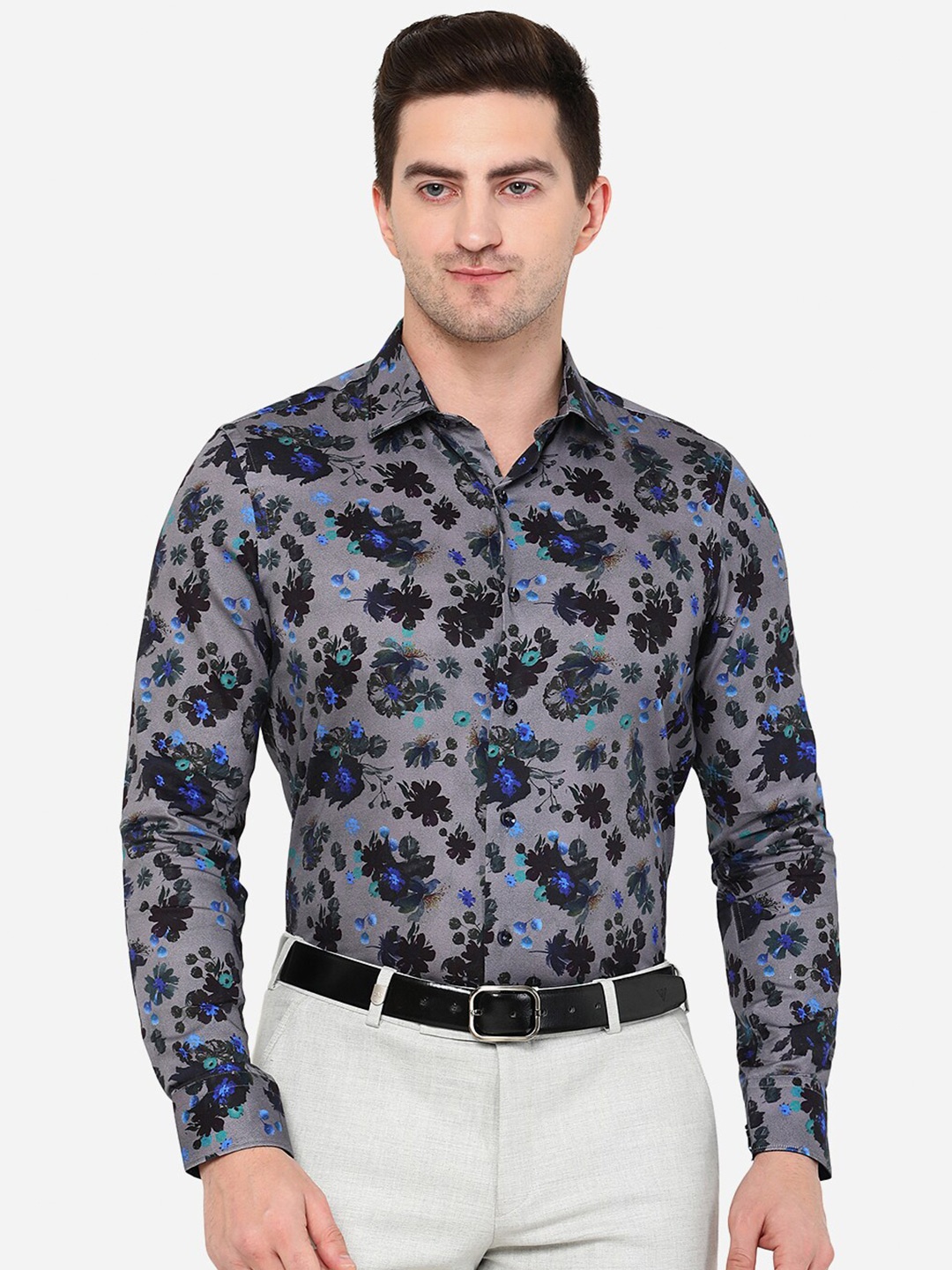 

JB STUDIO Men Grey Cotton Classic Slim Fit Floral Printed Formal Shirt