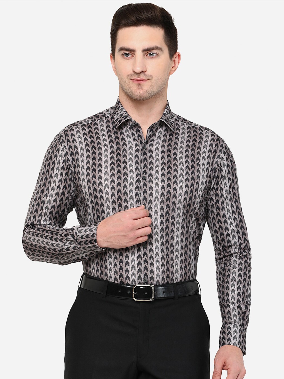

JB STUDIO Men Grey Cotton Classic Slim Fit Printed Formal Shirt