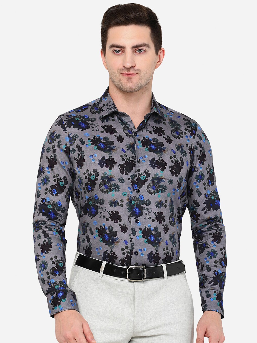 

JB STUDIO Men Grey Cotton Classic Slim Fit Floral Printed Formal Shirt