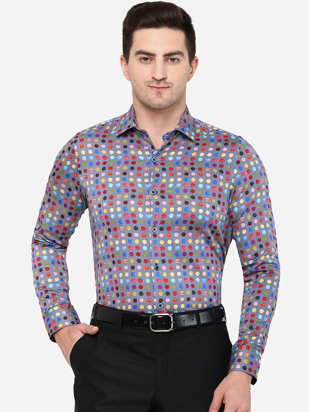 

JB STUDIO Men Grey Cotton Classic Slim Fit Printed Formal Shirt