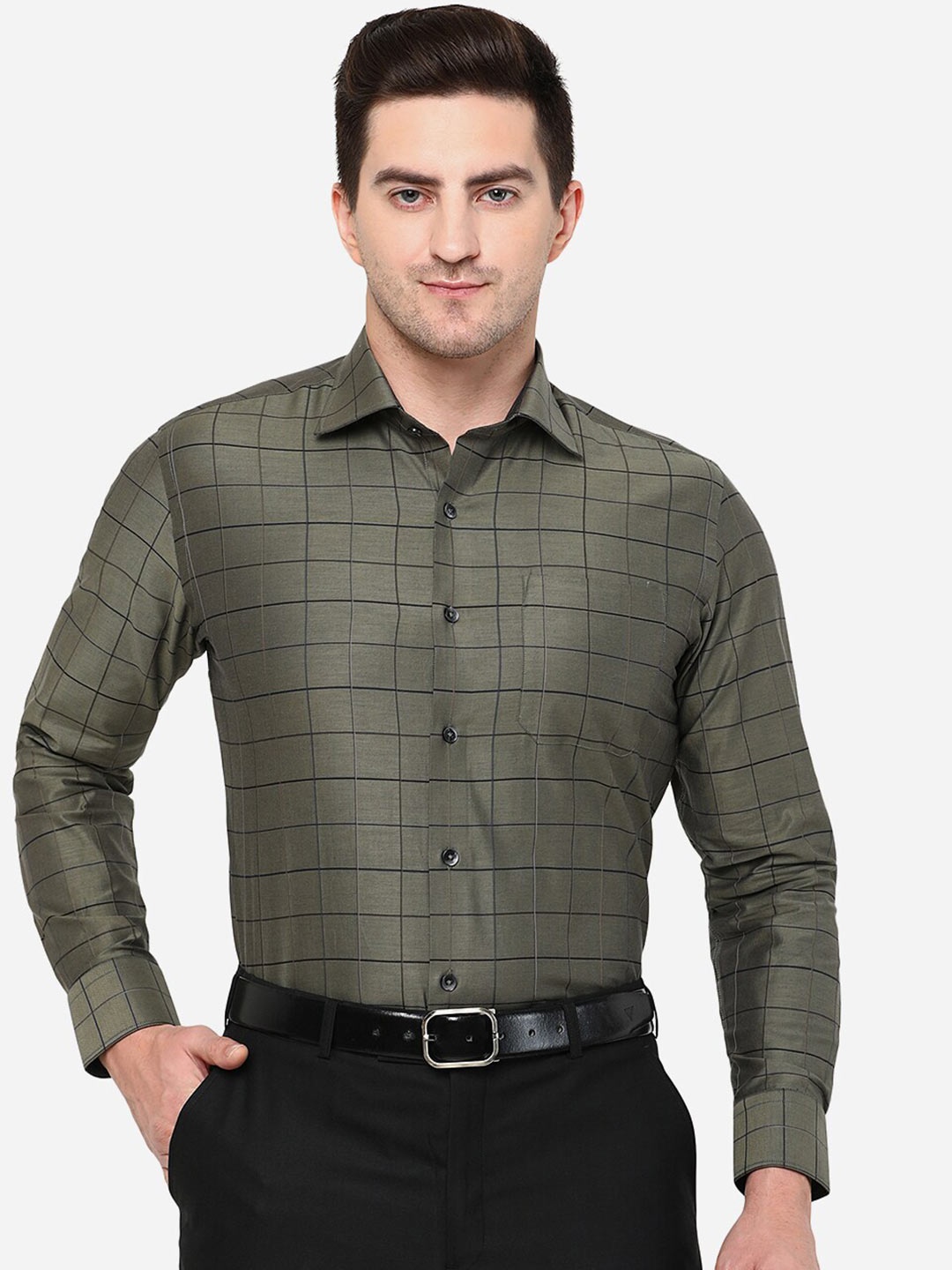 

METAL Men Classic Slim Fit Checked Cotton Formal Shirt, Green