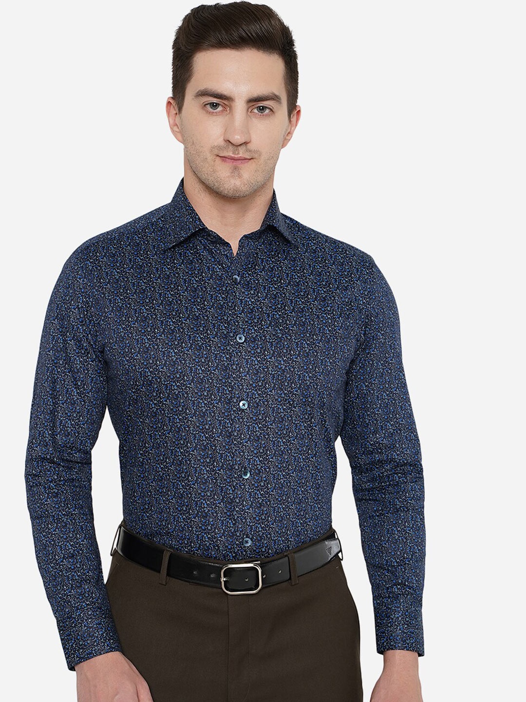 

METAL Classic Slim Fit Micro Checks Printed Formal Shirt, Blue