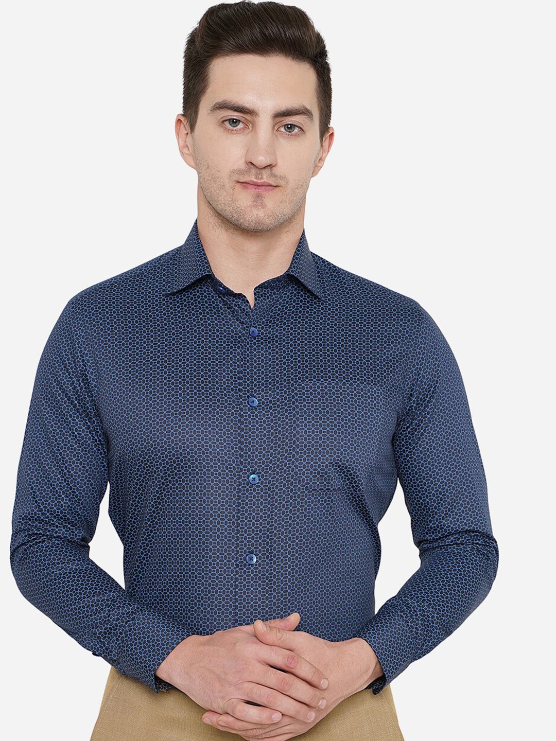 

METAL Classic Slim Fit Printed Cotton Formal Shirt, Navy blue