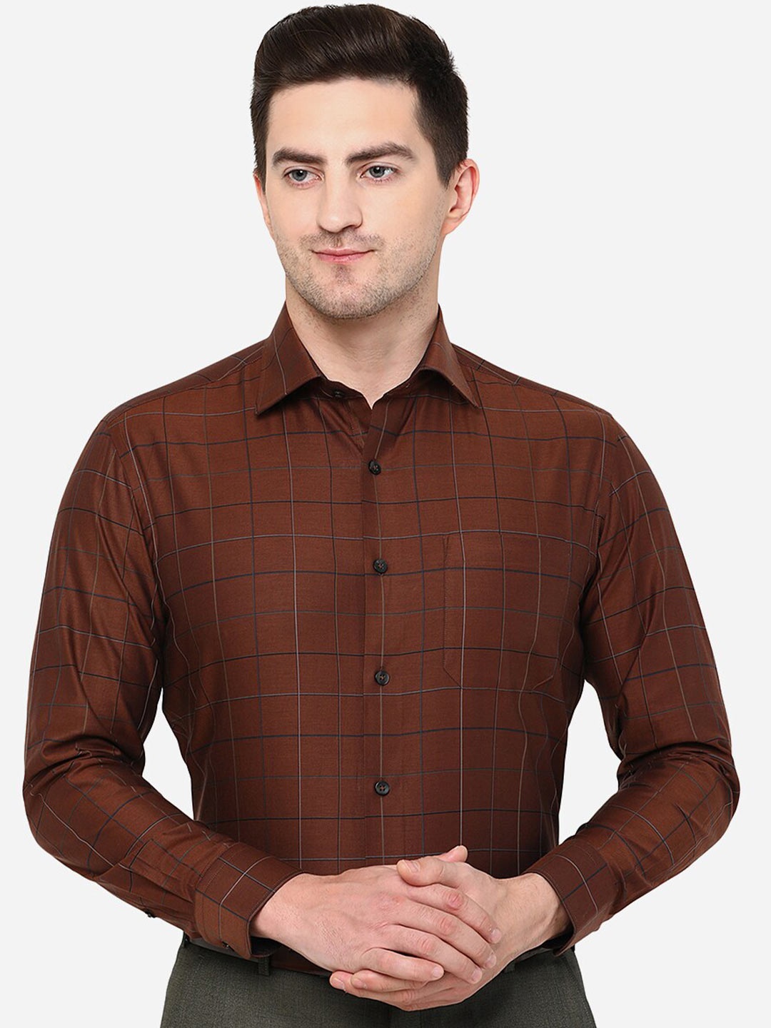 

METAL Men Classic Slim Fit Windowpane Checks Checked Cotton Formal Shirt, Maroon