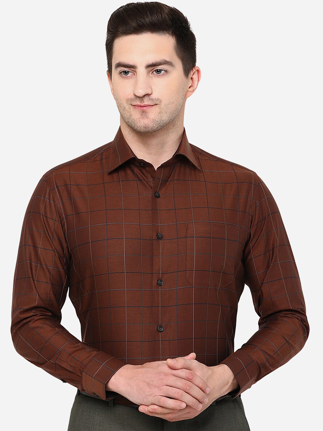 

METAL Men Classic Slim Fit Windowpane Checks Checked Cotton Formal Shirt, Maroon
