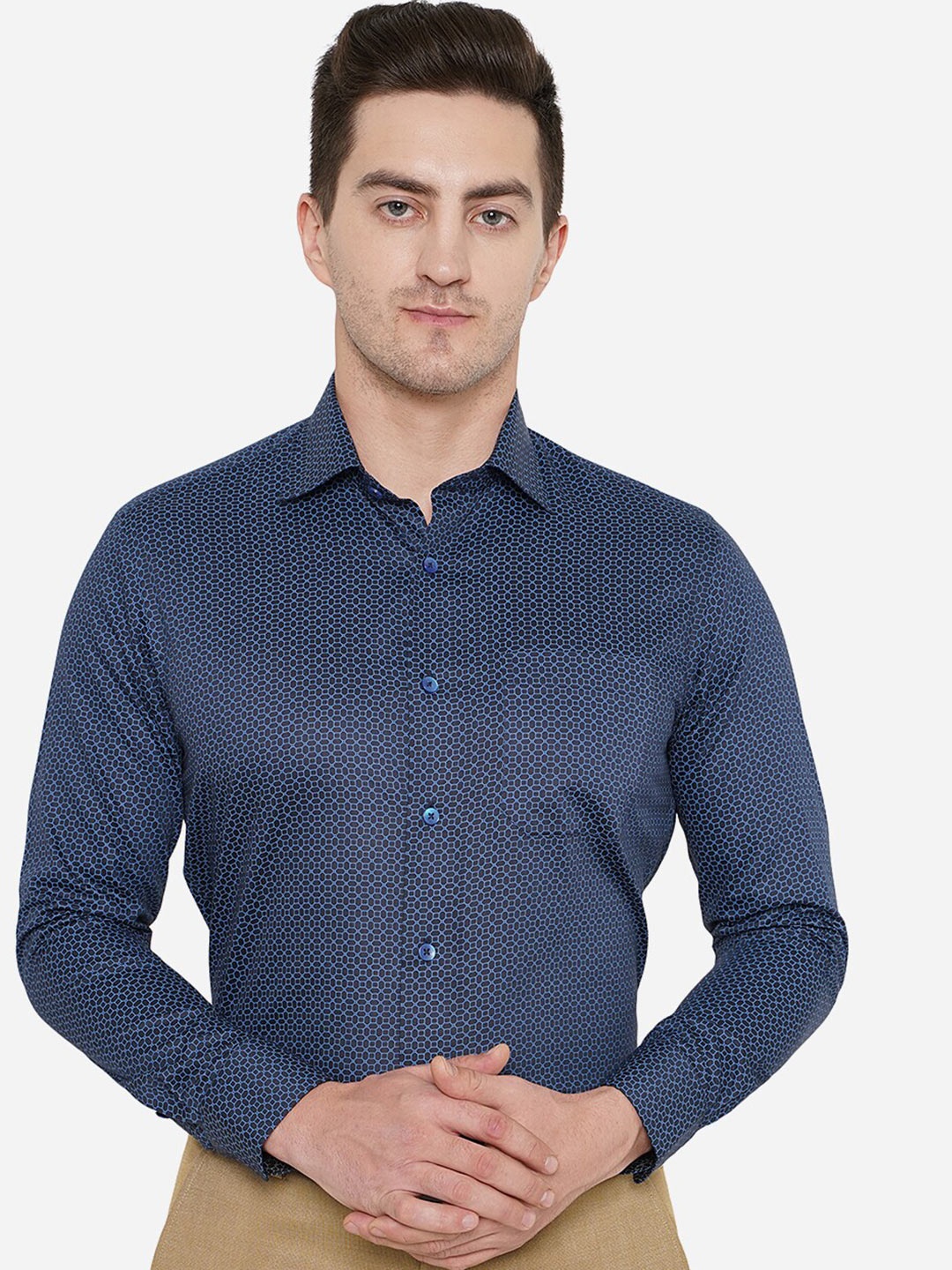 

METAL Classic Slim Fit Printed Cotton Formal Shirt, Navy blue