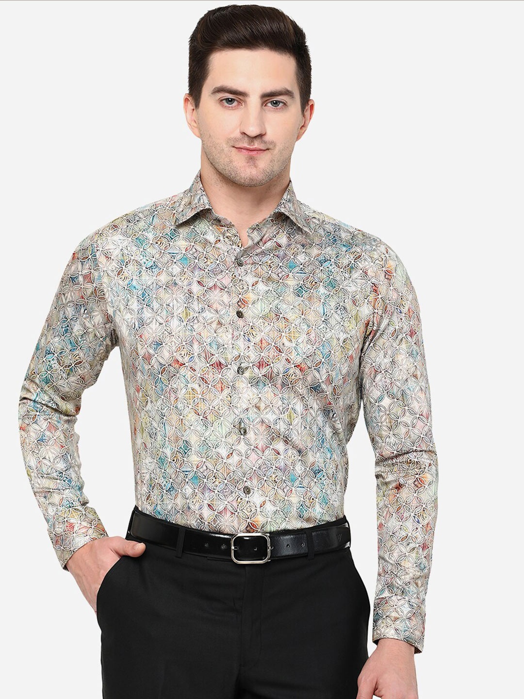 

WYRE Men Classic Slim Fit Printed Cotton Shirt, Cream