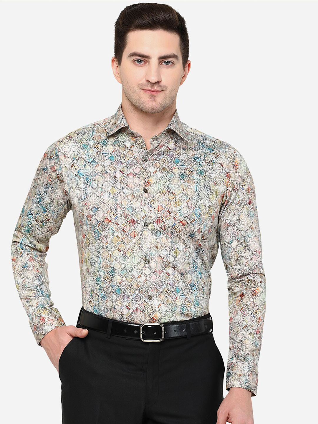 

WYRE Men Classic Slim Fit Printed Cotton Shirt, Cream