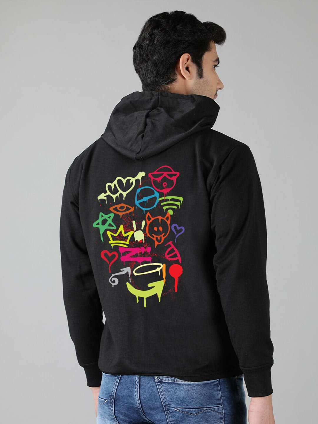 

Mad Over Print Men Black Printed Hooded Sweatshirt
