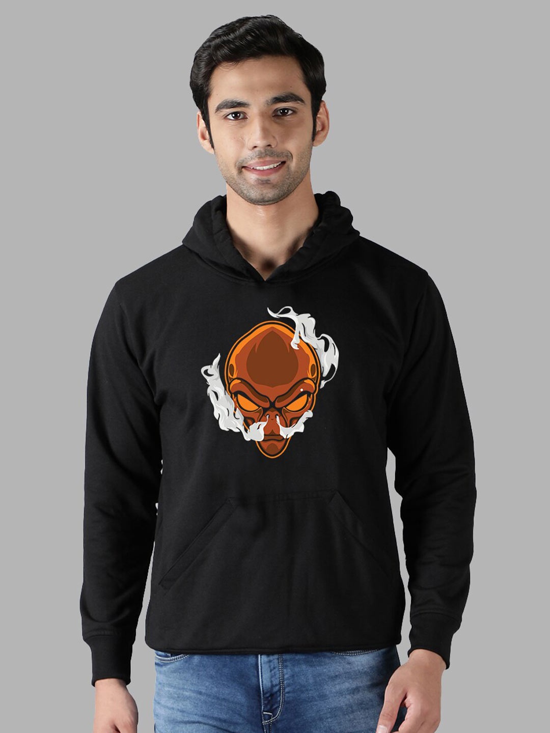 

Mad Over Print Men Black Printed Hooded Sweatshirt