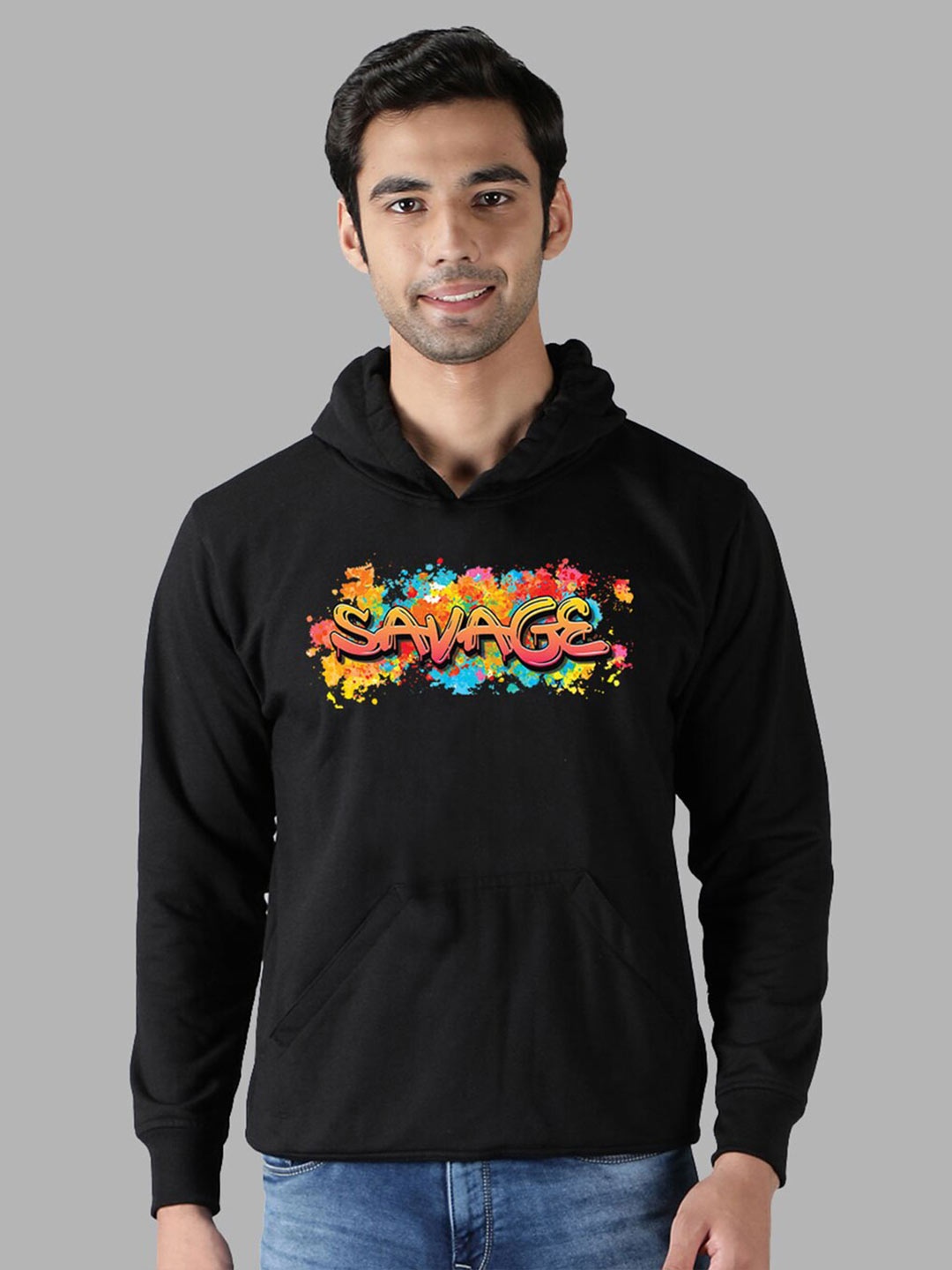 

Mad Over Print Men Black Printed Hooded Sweatshirt