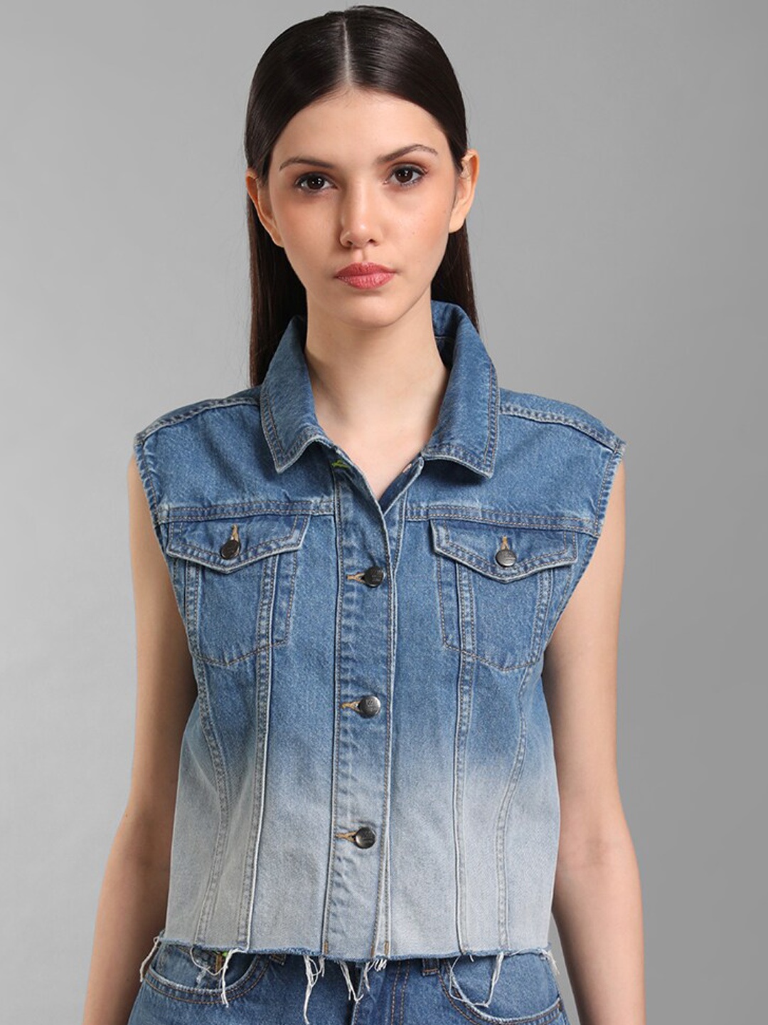 

KZ07 By Kazo Women Blue Washed Cotton Lightweight Crop Denim Jacket