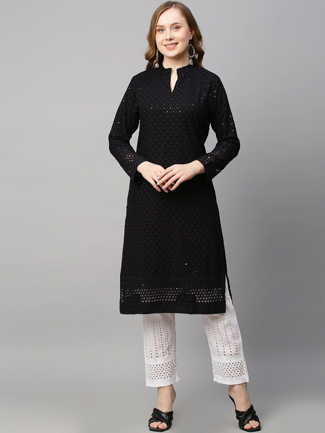 

POONAM DESIGNER Women Black Embroidered Chikankari Kurta with Trousers