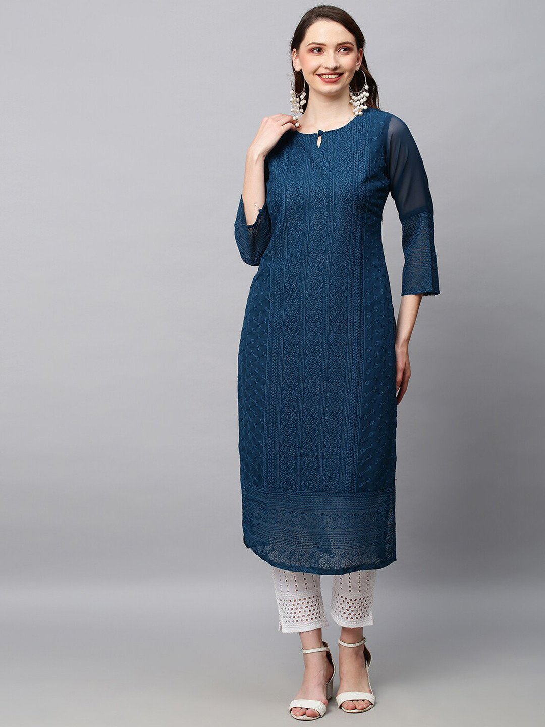 

POONAM DESIGNER Women Teal Embroidered Chikankari Kurta with Trousers