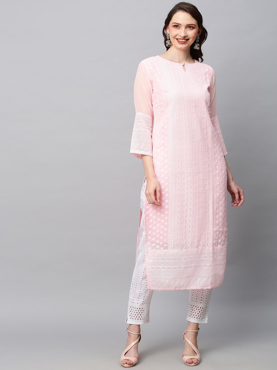 

POONAM DESIGNER Women Peach-Coloured Floral Embroidered Chikankari Kurta with Trousers
