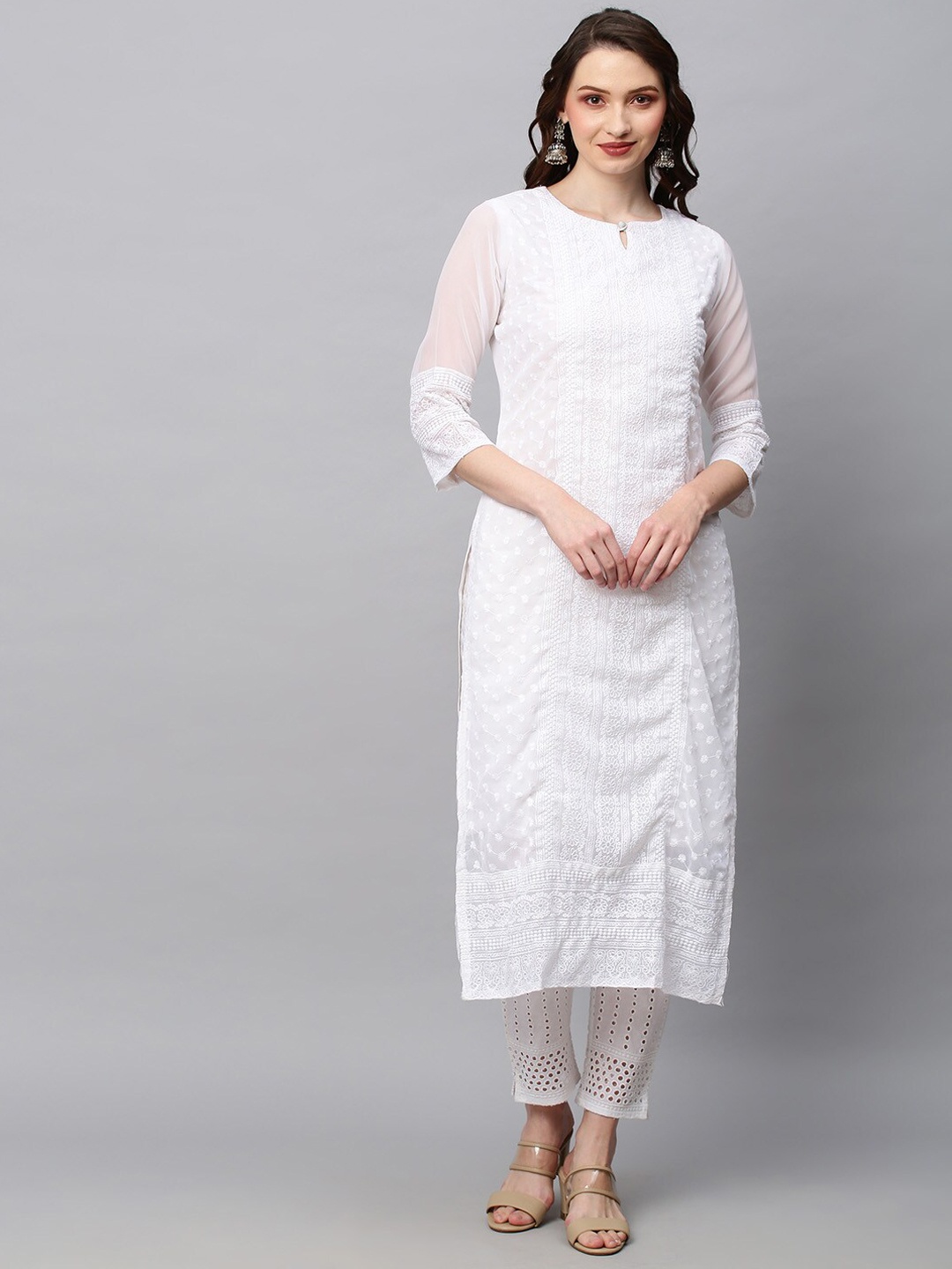 

POONAM DESIGNER Women White Floral Embroidered Chikankari Kurta with Trousers