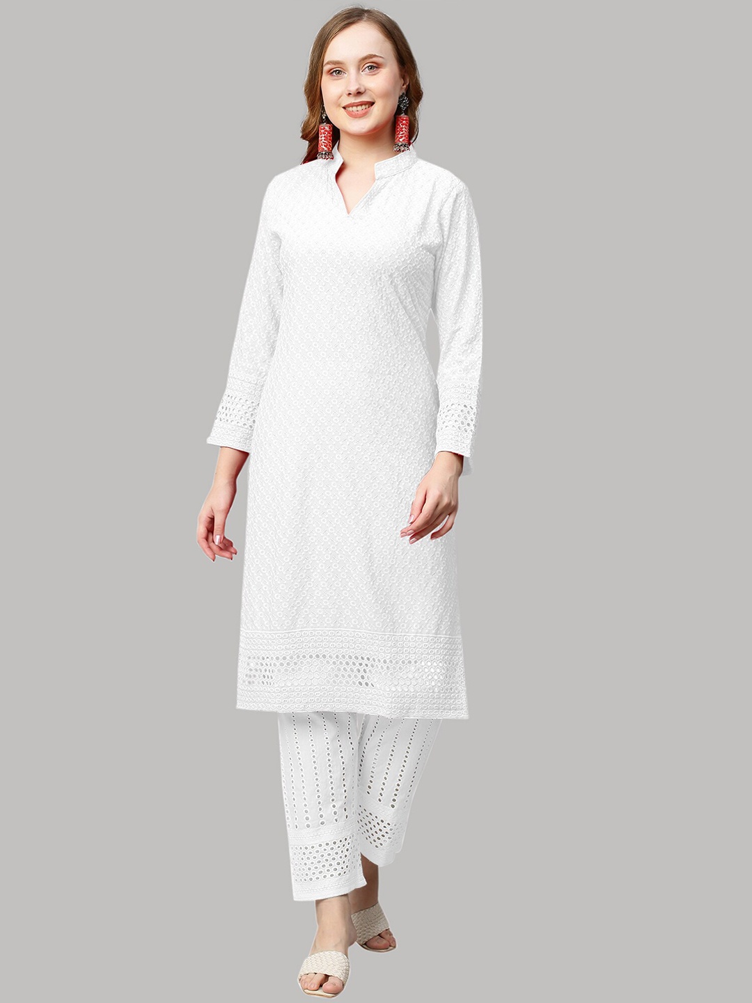 

POONAM DESIGNER Women White Floral Embroidered Chikankari Kurta with Trousers
