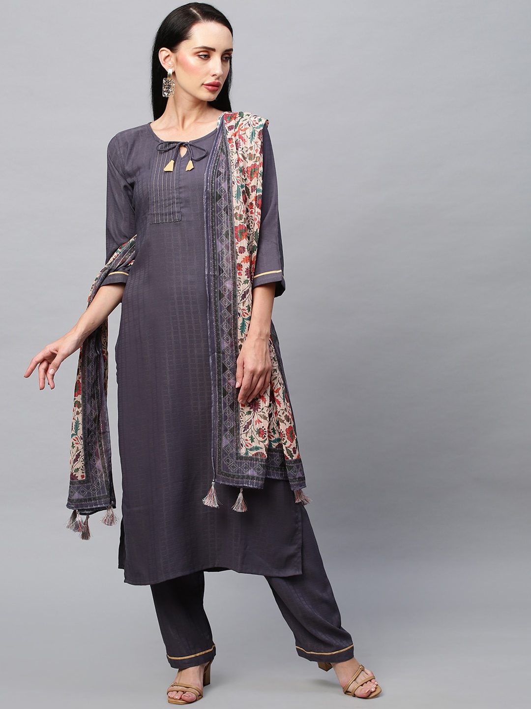 

POONAM DESIGNER Women Grey Kurta with Palazzos & With Dupatta