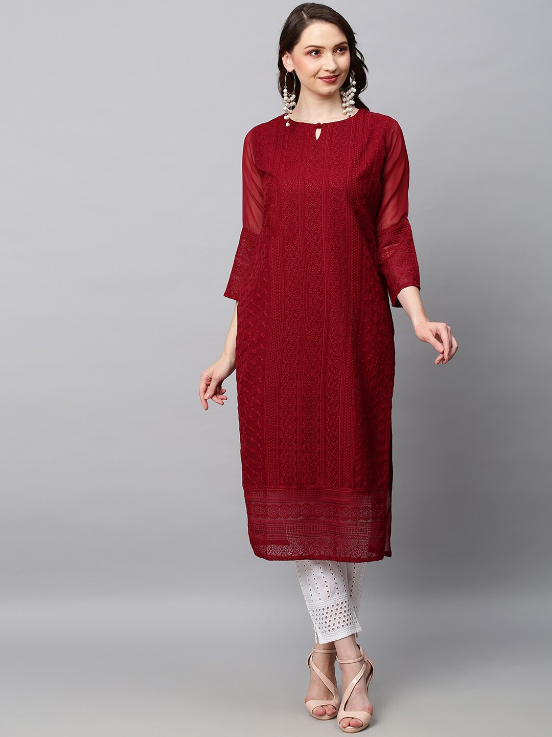 

POONAM DESIGNER Women Maroon Floral Embroidered Chikankari Kurta with Trousers