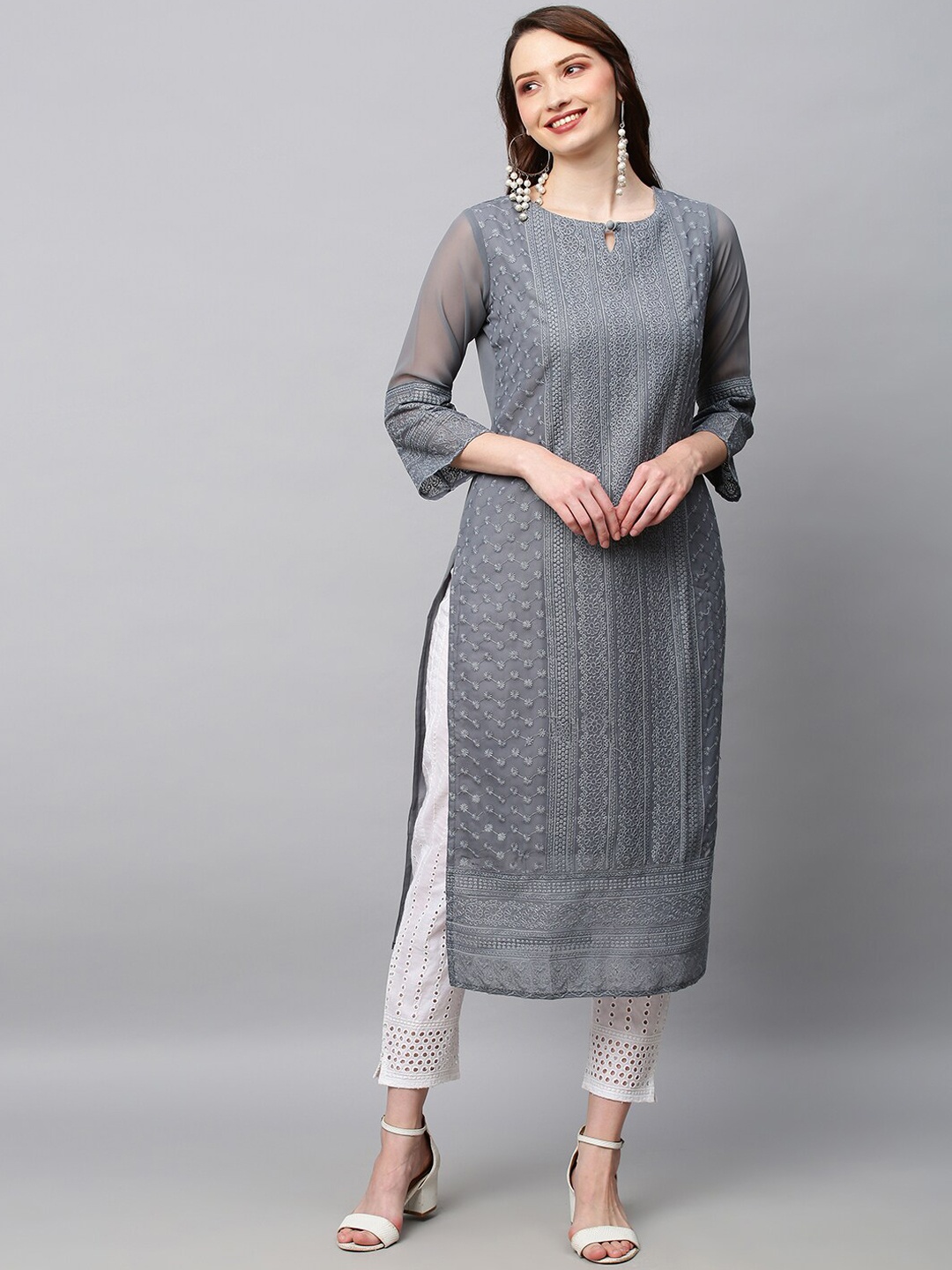 

POONAM DESIGNER Women Grey Ethnic Motifs Embroidered Chikankari Kurta with Trousers