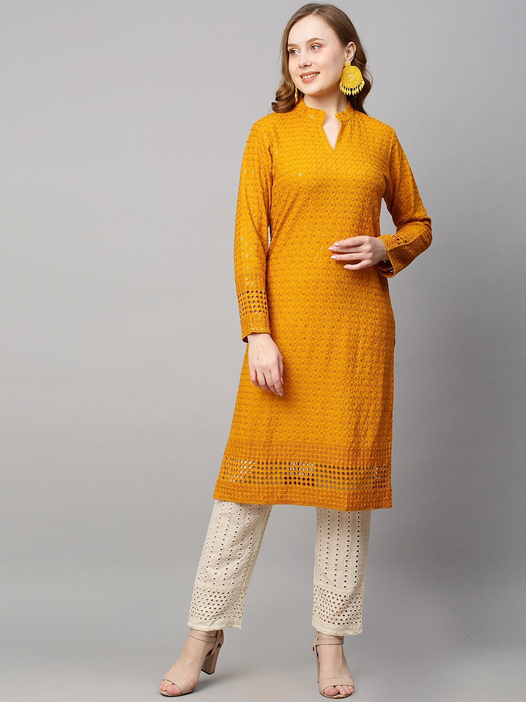 

POONAM DESIGNER Women Mustard Yellow Ethnic Motifs Embroidered Chikankari Kurta with Trousers