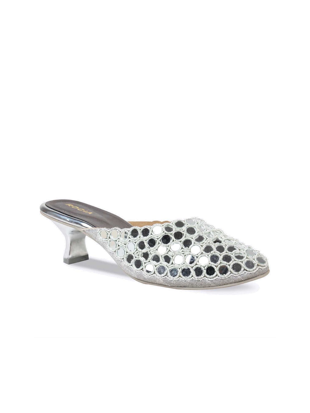 

Rocia Women Silver-Toned Mirror Work Ethnic Kitten Mules