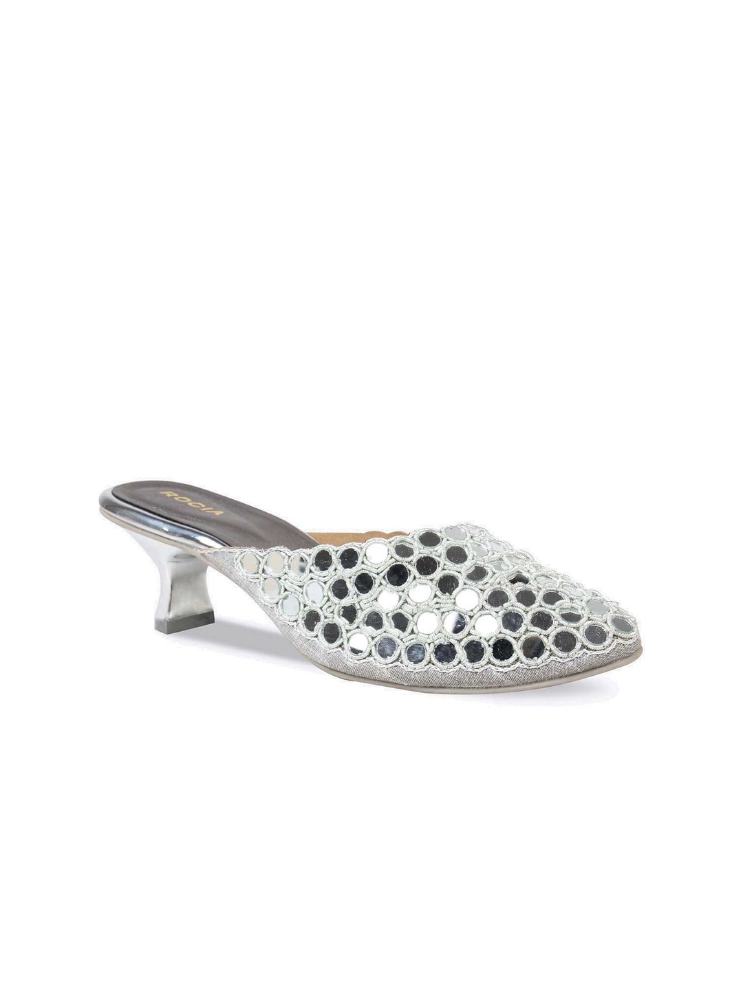 

Rocia Silver-Toned Textured Ethnic Kitten Mules