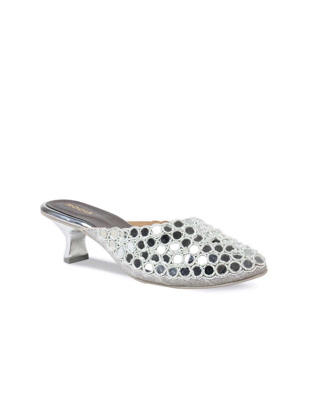 

Rocia Silver-Toned Embellished Ethnic Kitten Mules
