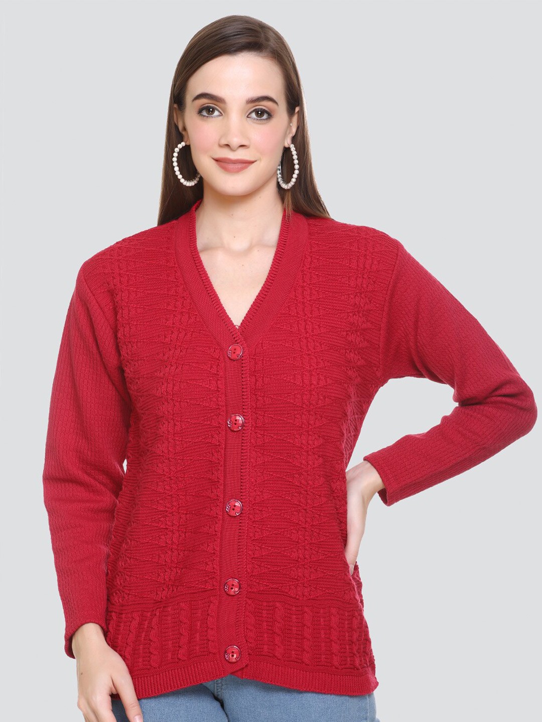 

NITSLINE Women Red Self Design Cable Knit Acrylic Cardigan Sweater
