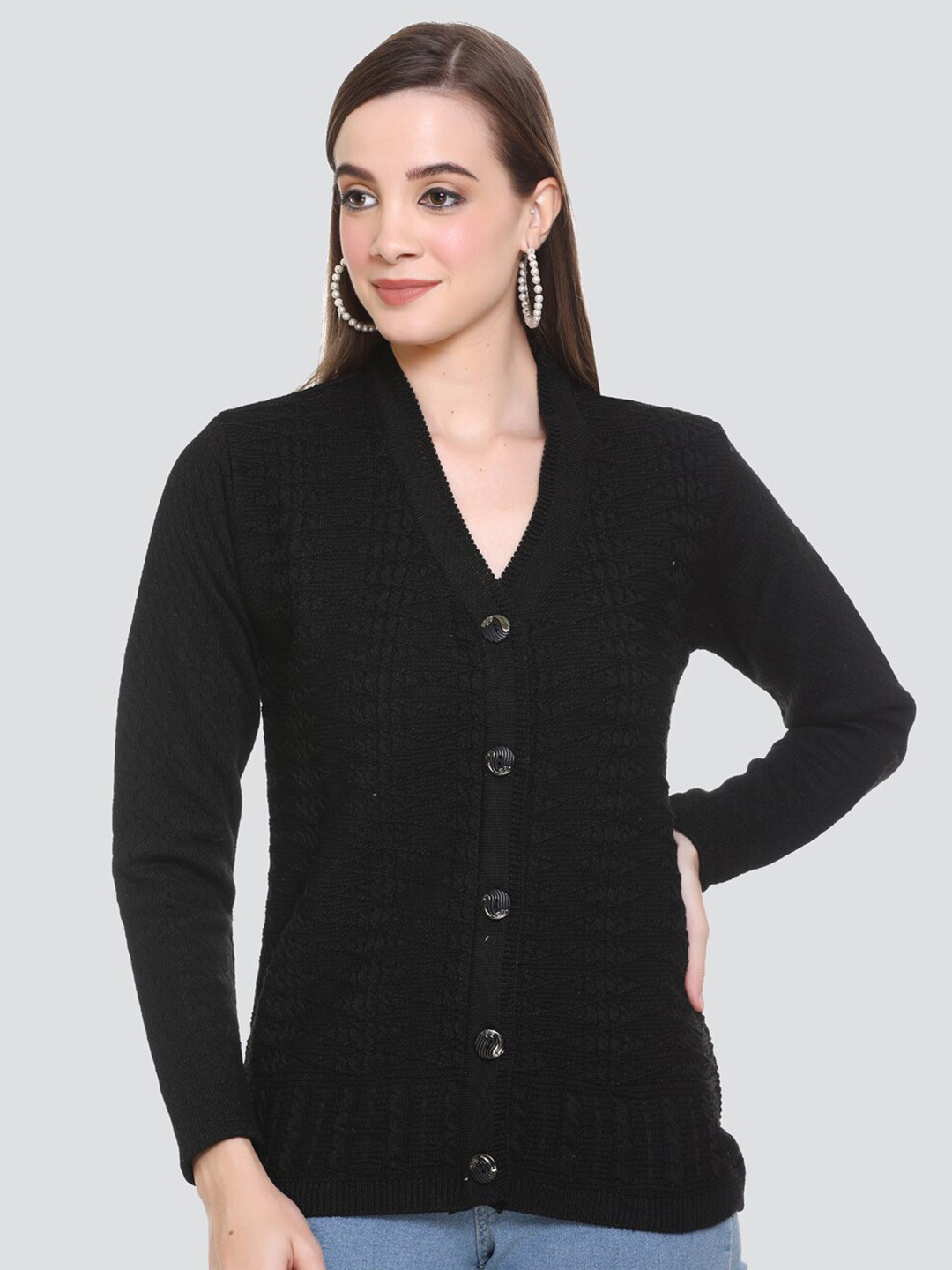 

NITSLINE Women Black Self Design Cable Knit Acrylic Cardigan Sweater