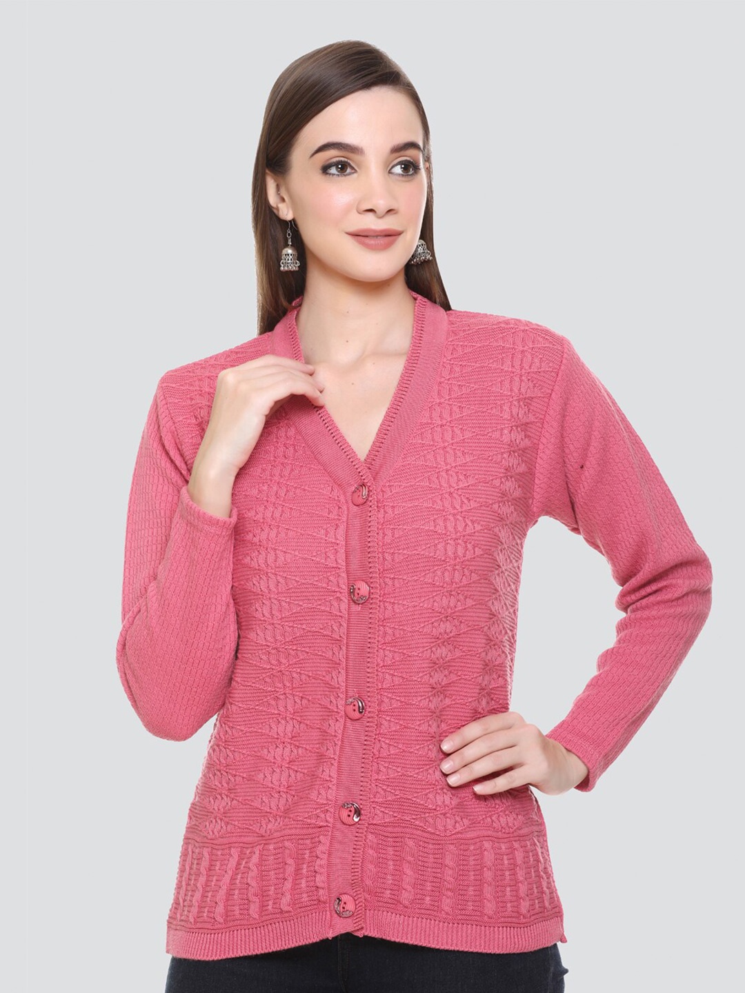 

NITSLINE Women Pink Self Design Cable Knit Acrylic Cardigan Sweater