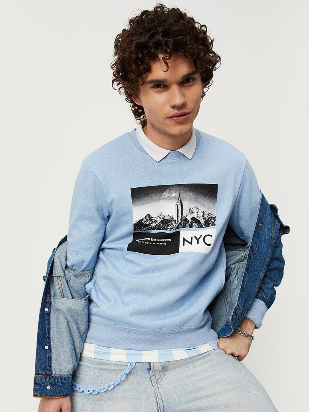 

max Men Blue Printed Pullover Cotton Sweatshirt