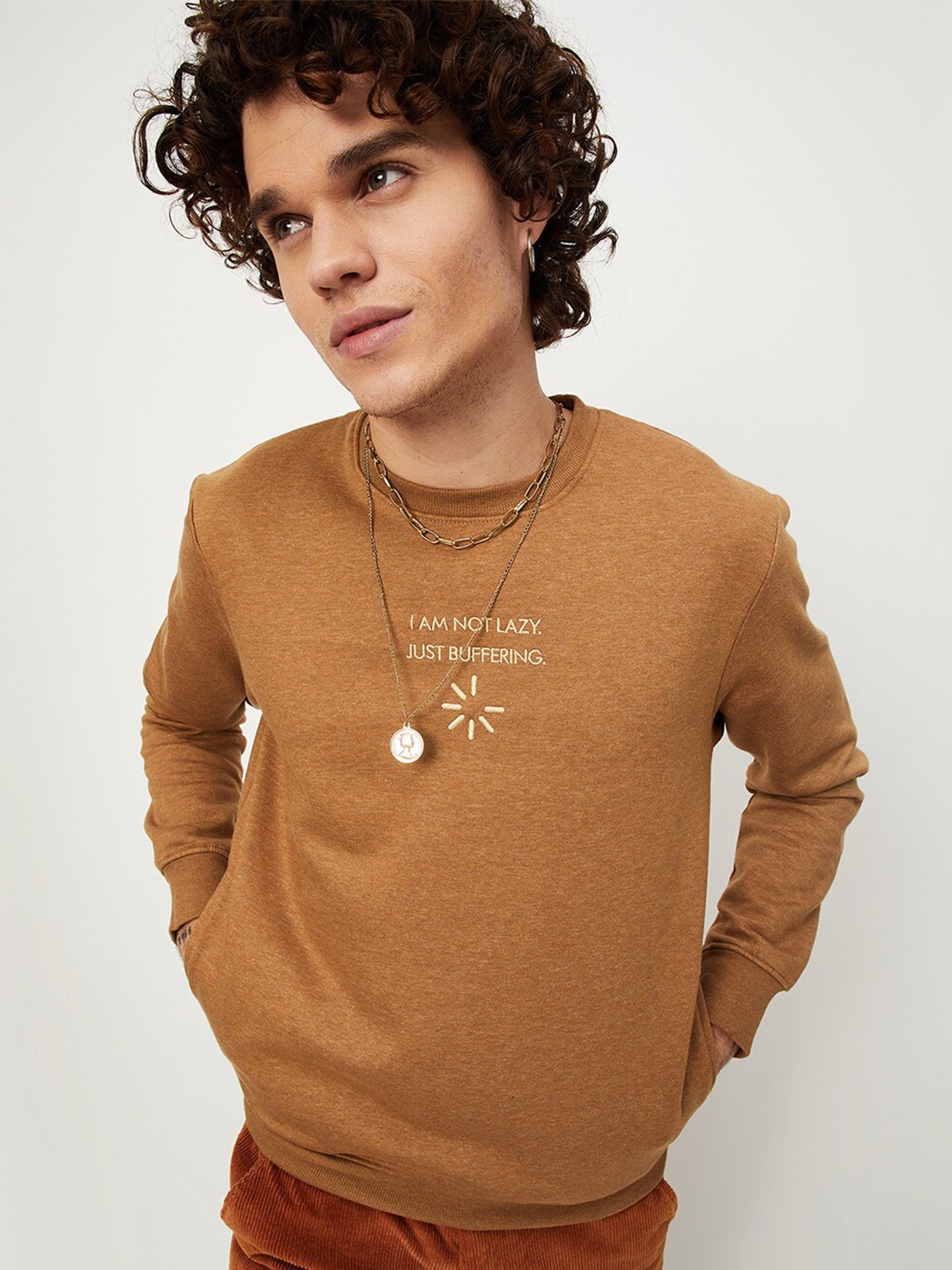 

max Men Mustard Orange Pulover Cotton Sweatshirt