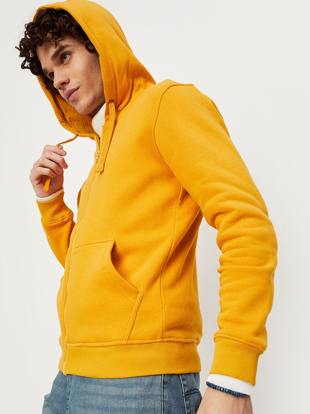 

max Men Yellow Hooded Cotton Sweatshirt