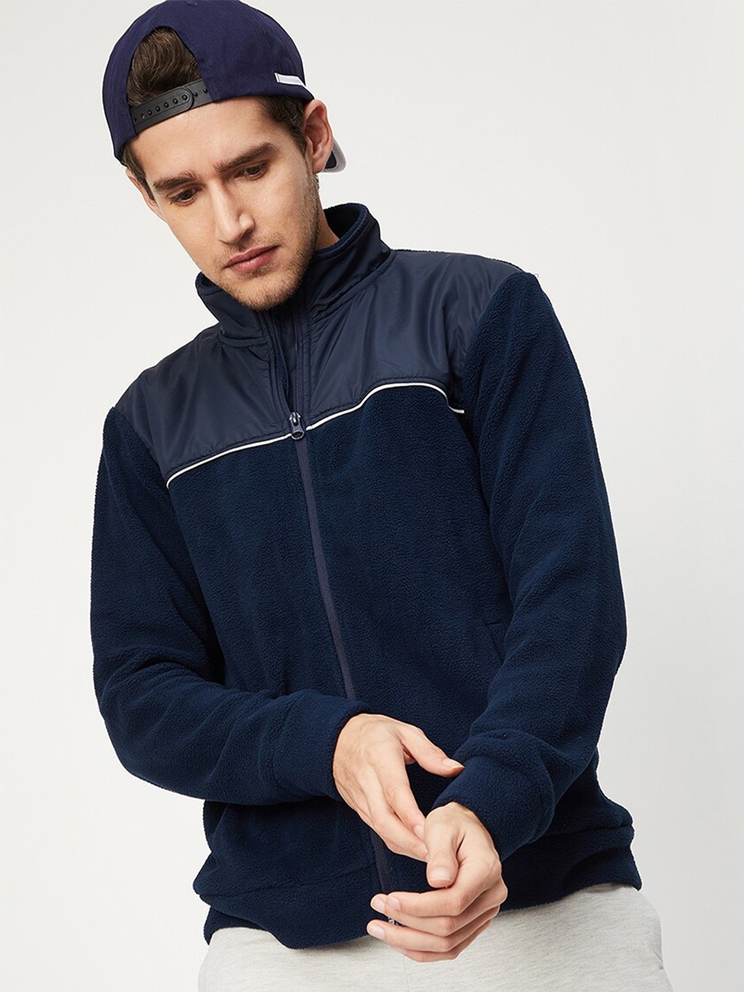 

max Men Blue Hooded Front Open Cotton Sweatshirt