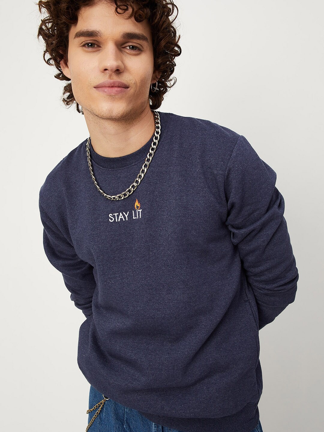 

max Men Blue Hooded Pullover Cotton Sweatshirt
