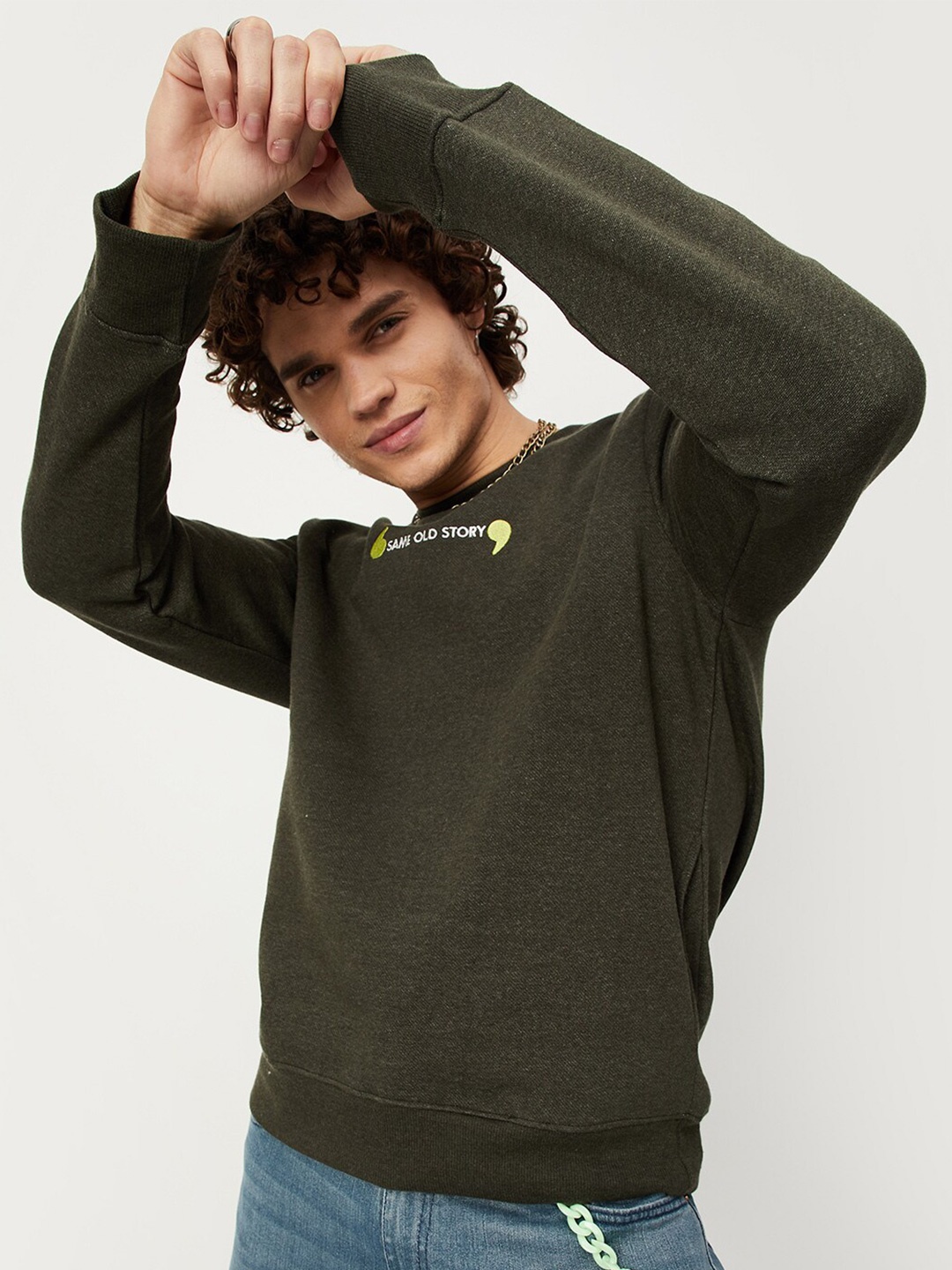 

max Men Olive Green Round Neck Cotton Pullover Sweatshirt