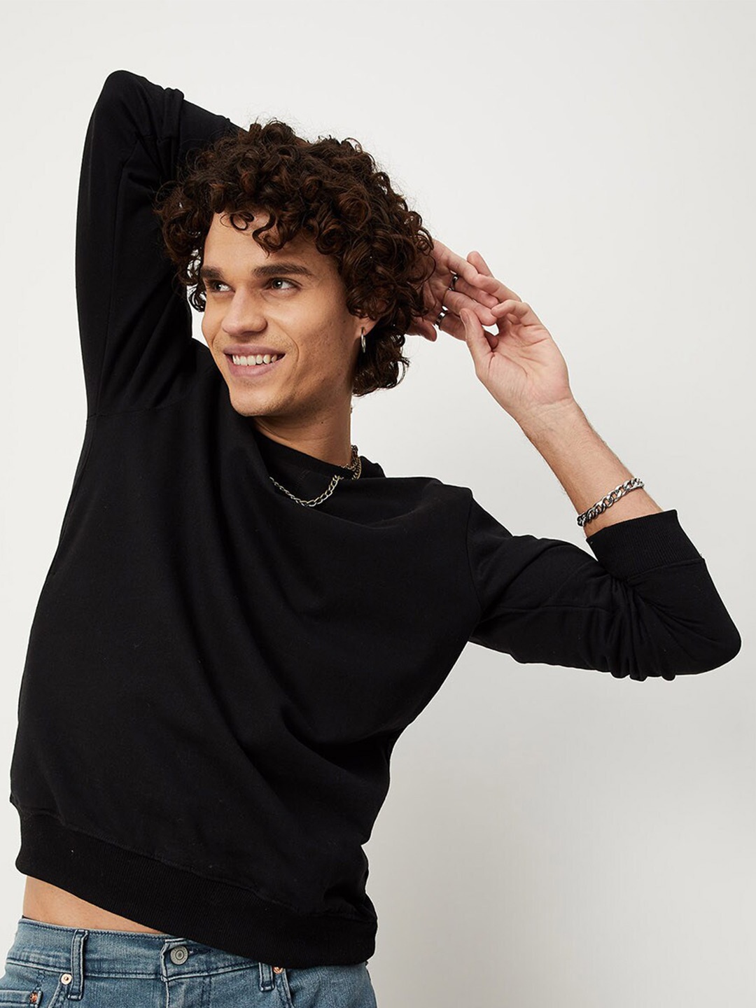 

max Men Black Pullover Cotton Sweatshirt