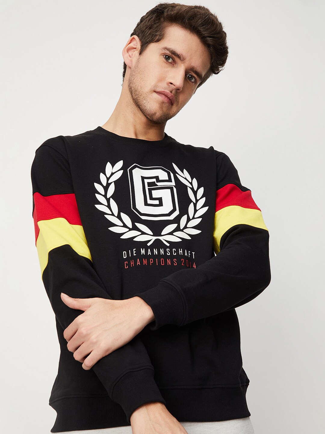 

max Men Black Printed Pullover Cotton Sweatshirt