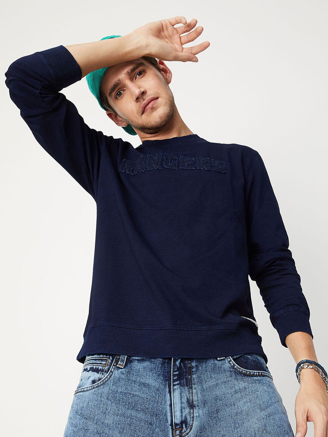 

max Men Navy Blue Printed Pullover Cotton Sweatshirt