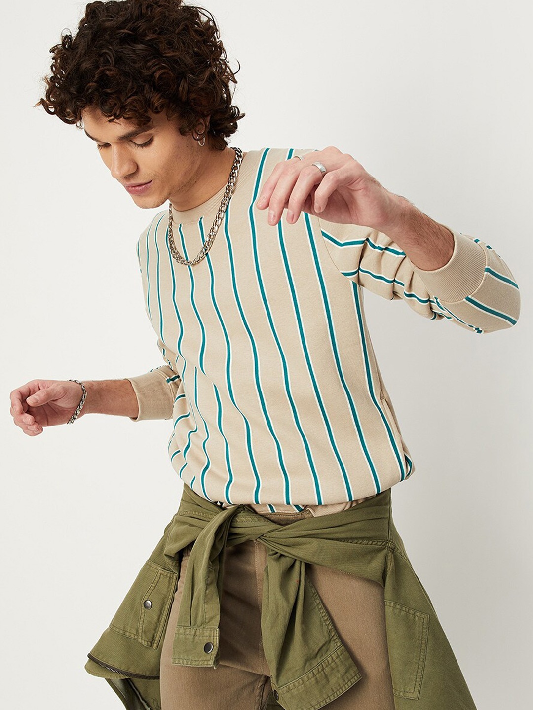 

max Men Beige Striped Pullover Cotton Sweatshirt