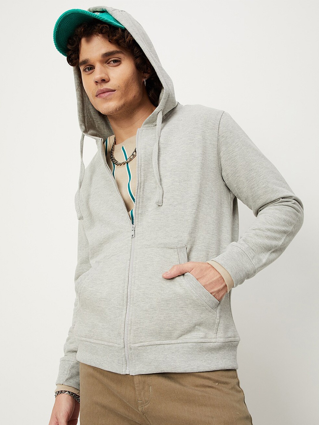 

max Men Grey Front Open Hooded Cotton Sweatshirt