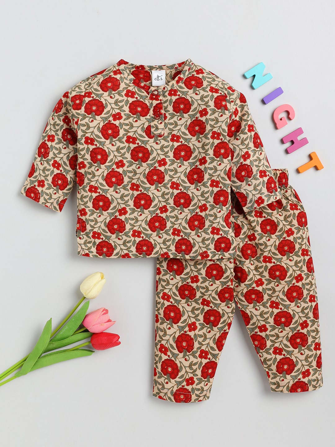 

Clt s Kids Red & Beige Printed Pure Cotton Top & Pyjamas Night Suit